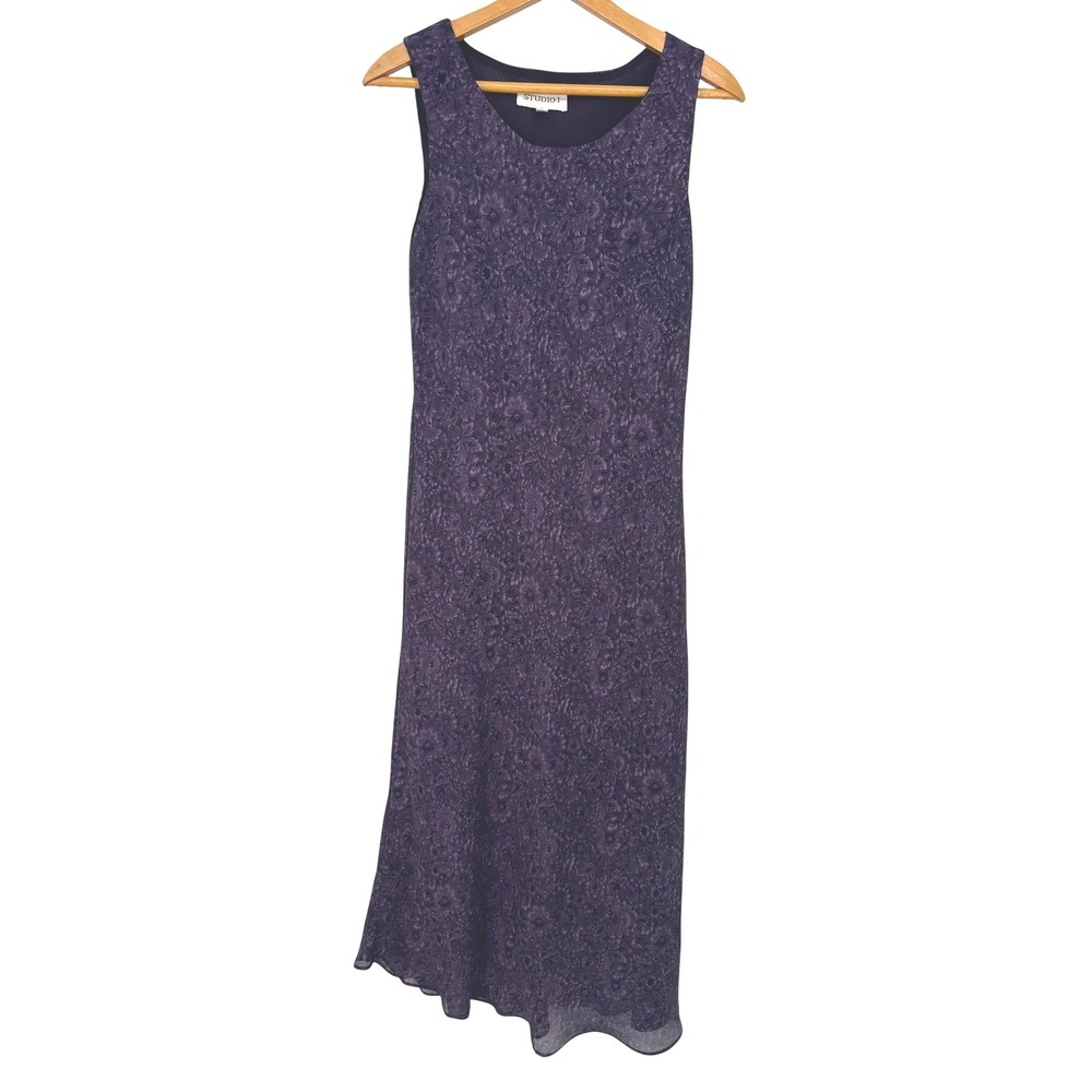Vtg Studio I Maxi Dress 10 Purple Floral Boho Chiffon Overlay Evening Modest